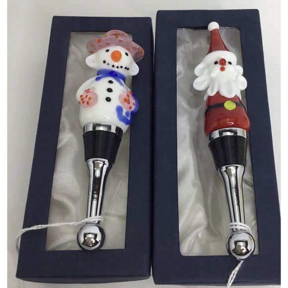 Hand Blown Christmas Wine Bottle Stopper NEW Santa Glass Snowman - Picture 2 of 3